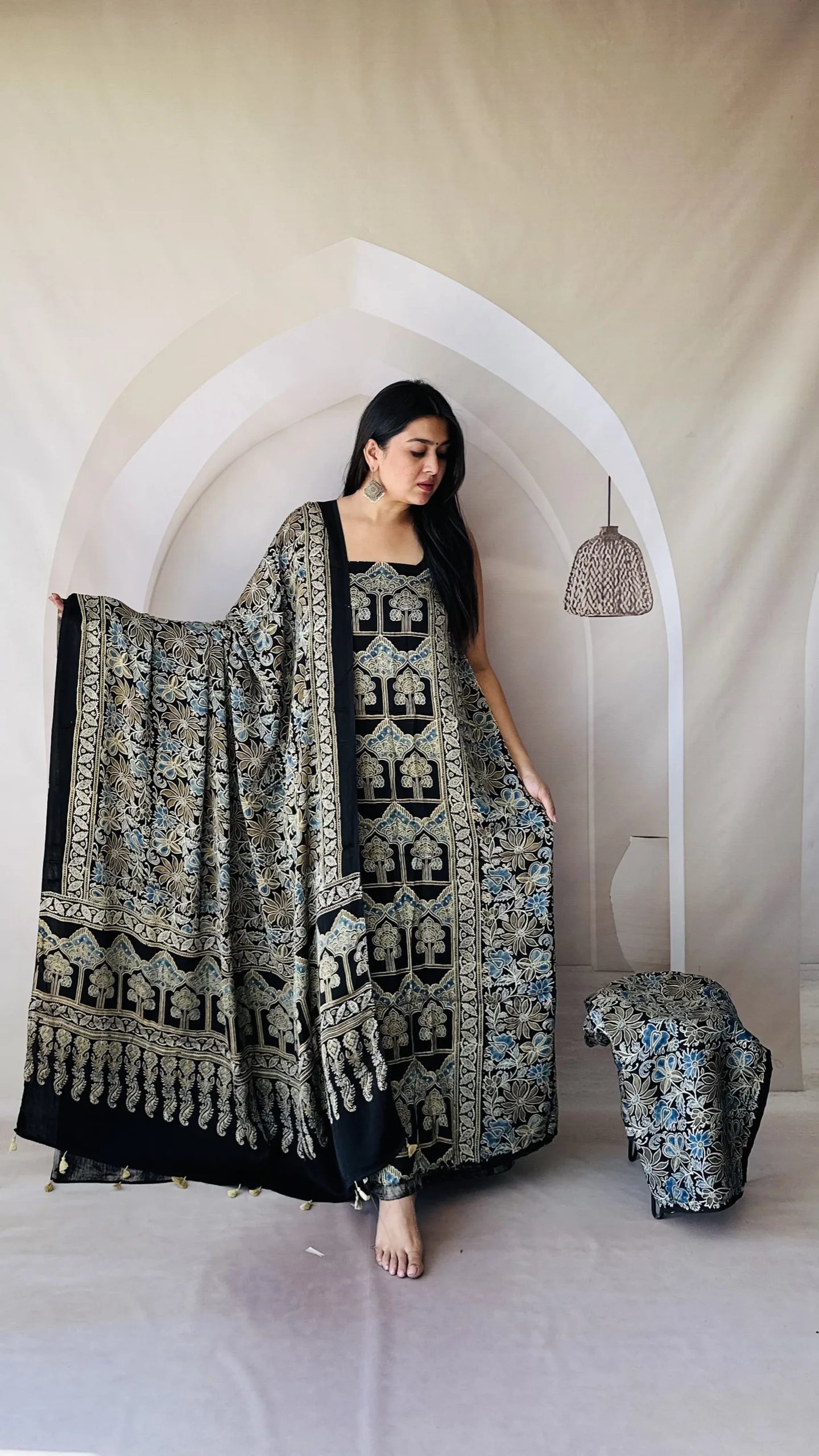 Ajrakh Modal Silk Natural Hand Block Print 3Pcs Suit - Black 