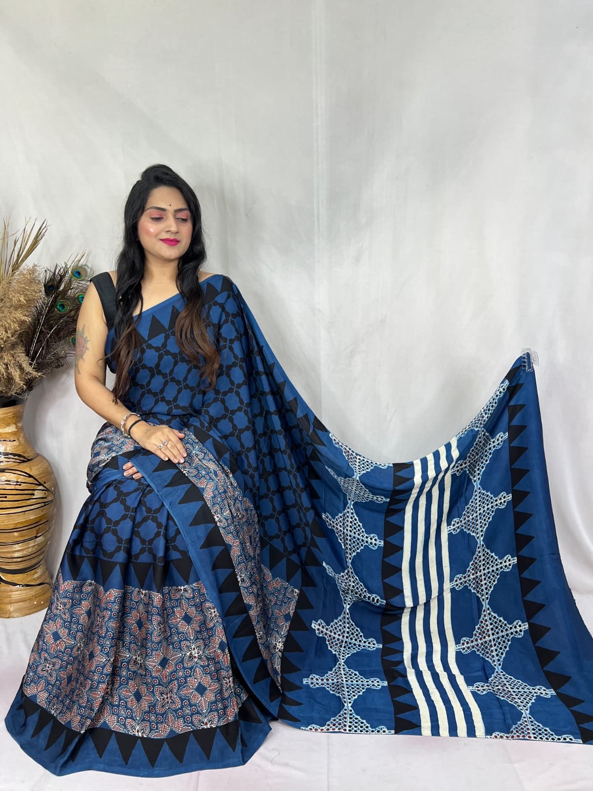 Ajrakh Modal Silk Natural Hand Block Print Saree - Indigo Blue 