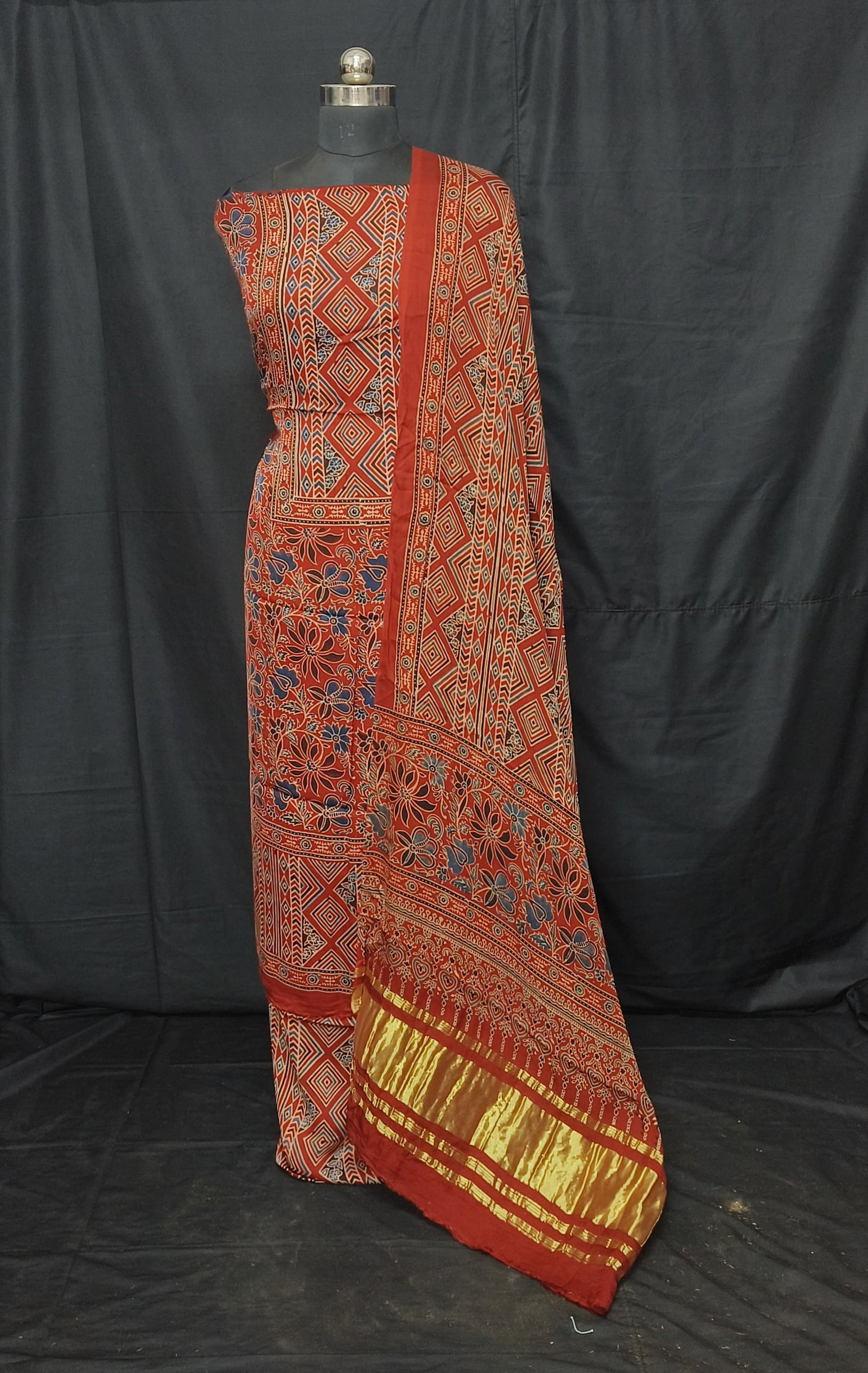 Ajrakh Modal Silk Natural Hand Block Print 3Pcs Suit - Red 