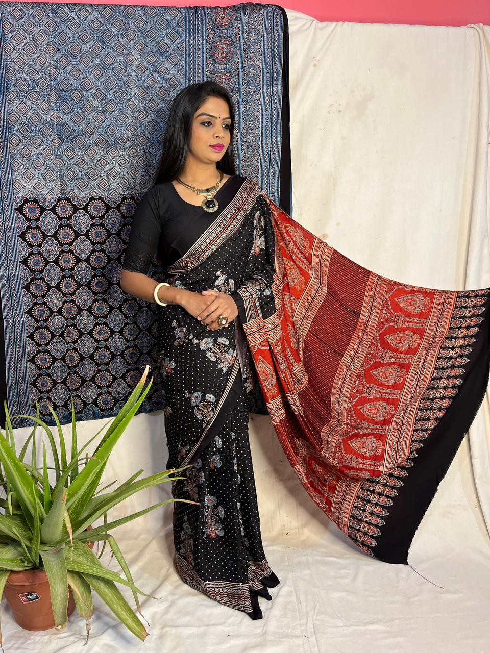 White with Green and Red Block Printed Mul Cotton Saree with Ajrak Motifs |  Cotton saree designs, Saree designs, Stylish sarees