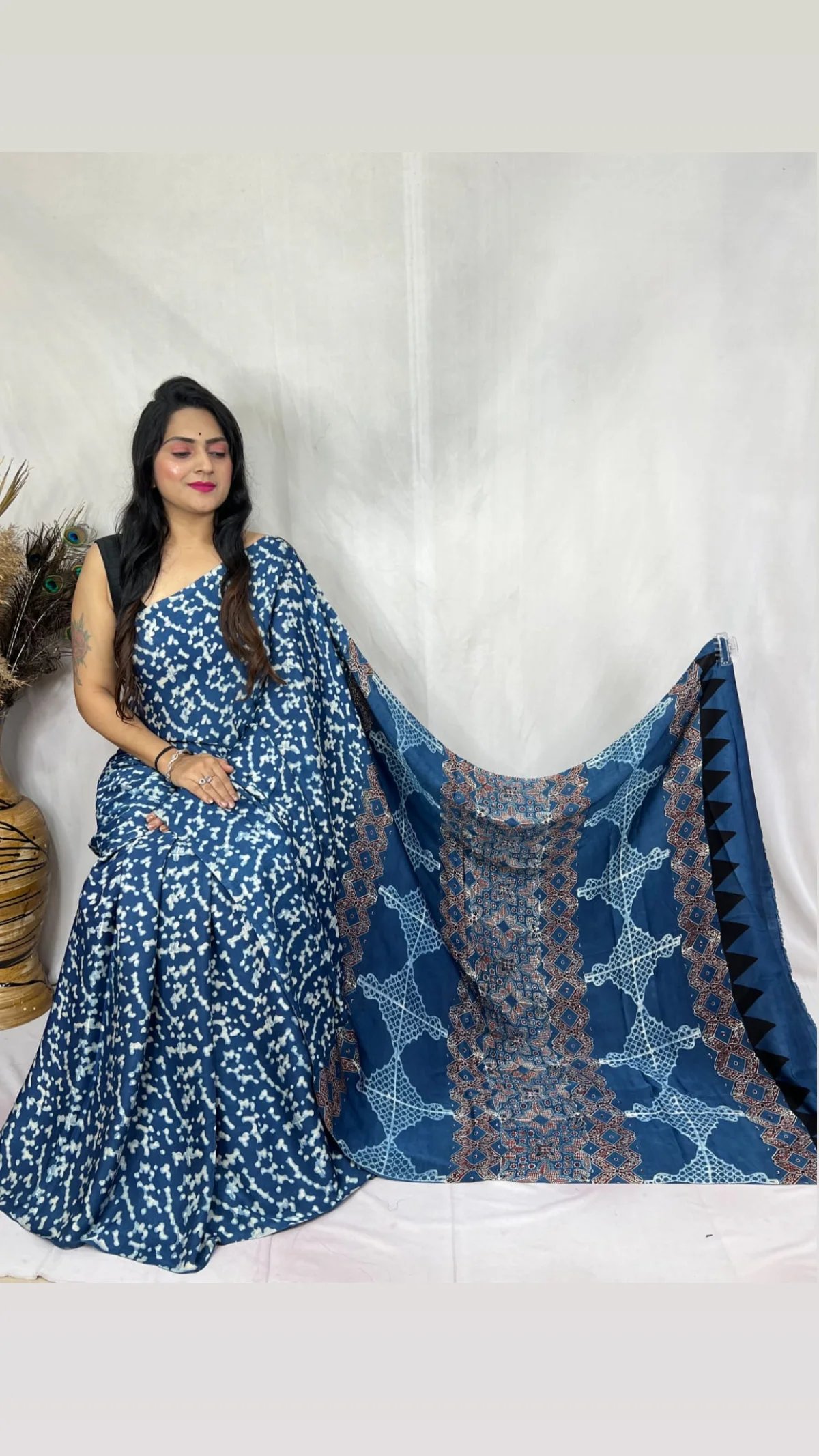 Ajrakh Modal Silk Natural Hand Block Print Saree - Blue