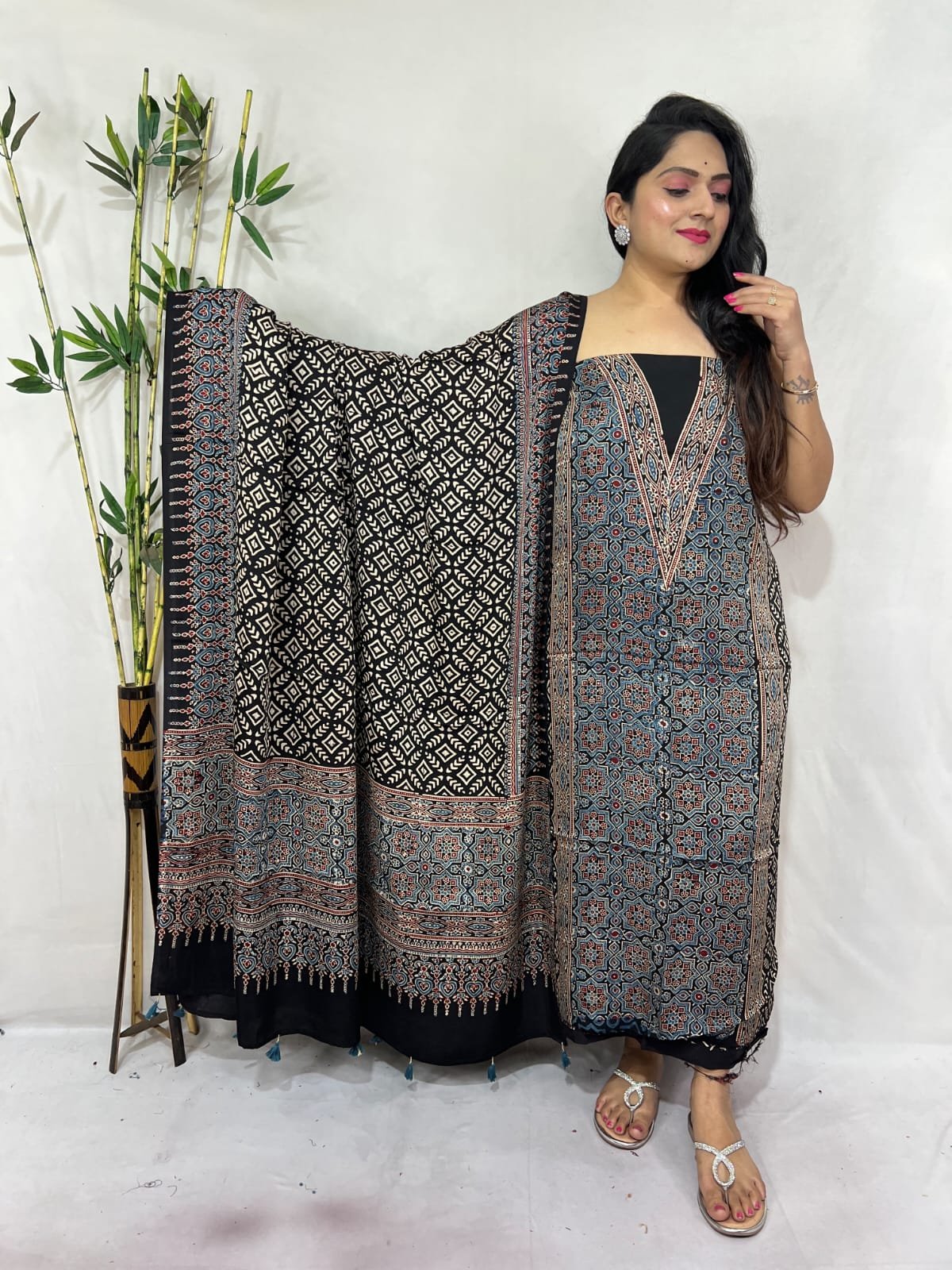 Ajarkh Modal Silk Natural Hand Block Print 2Pcs Suit - Black 
