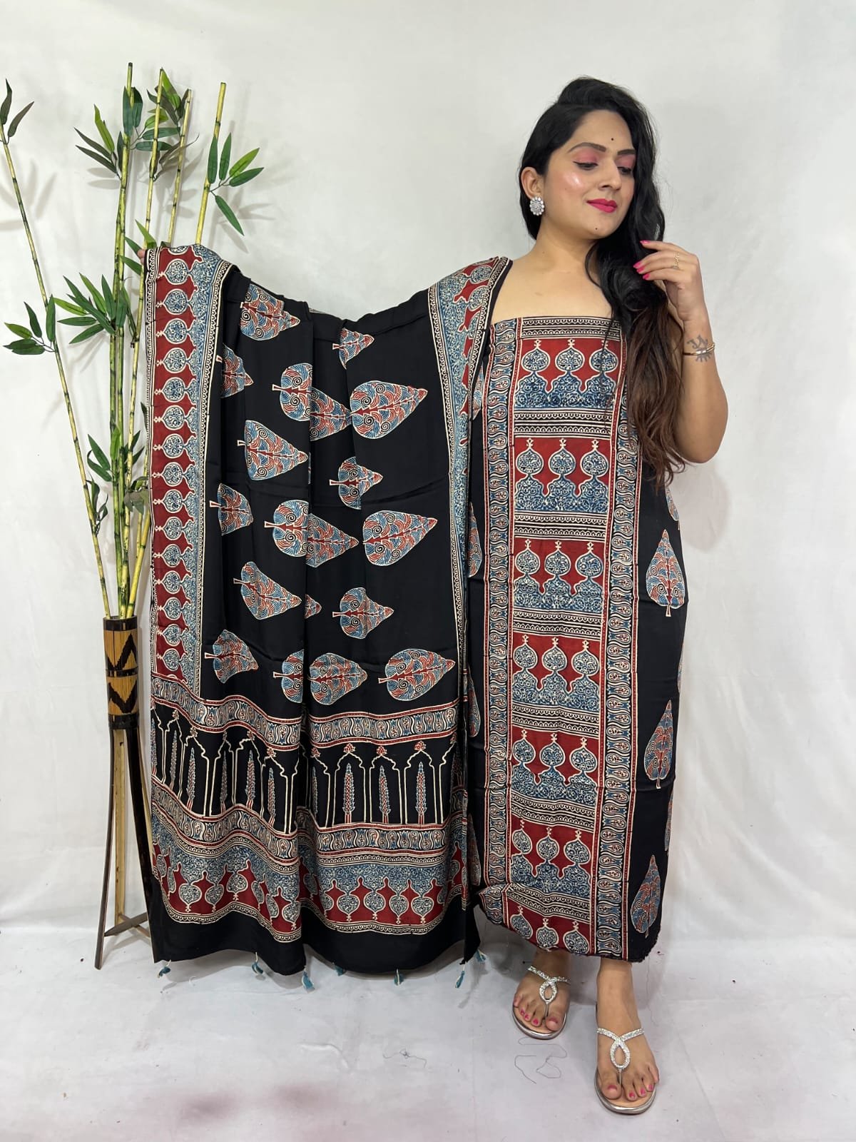 Ajarkh Modal Silk Natural Hand Block Print 2Pcs Suit - Black 