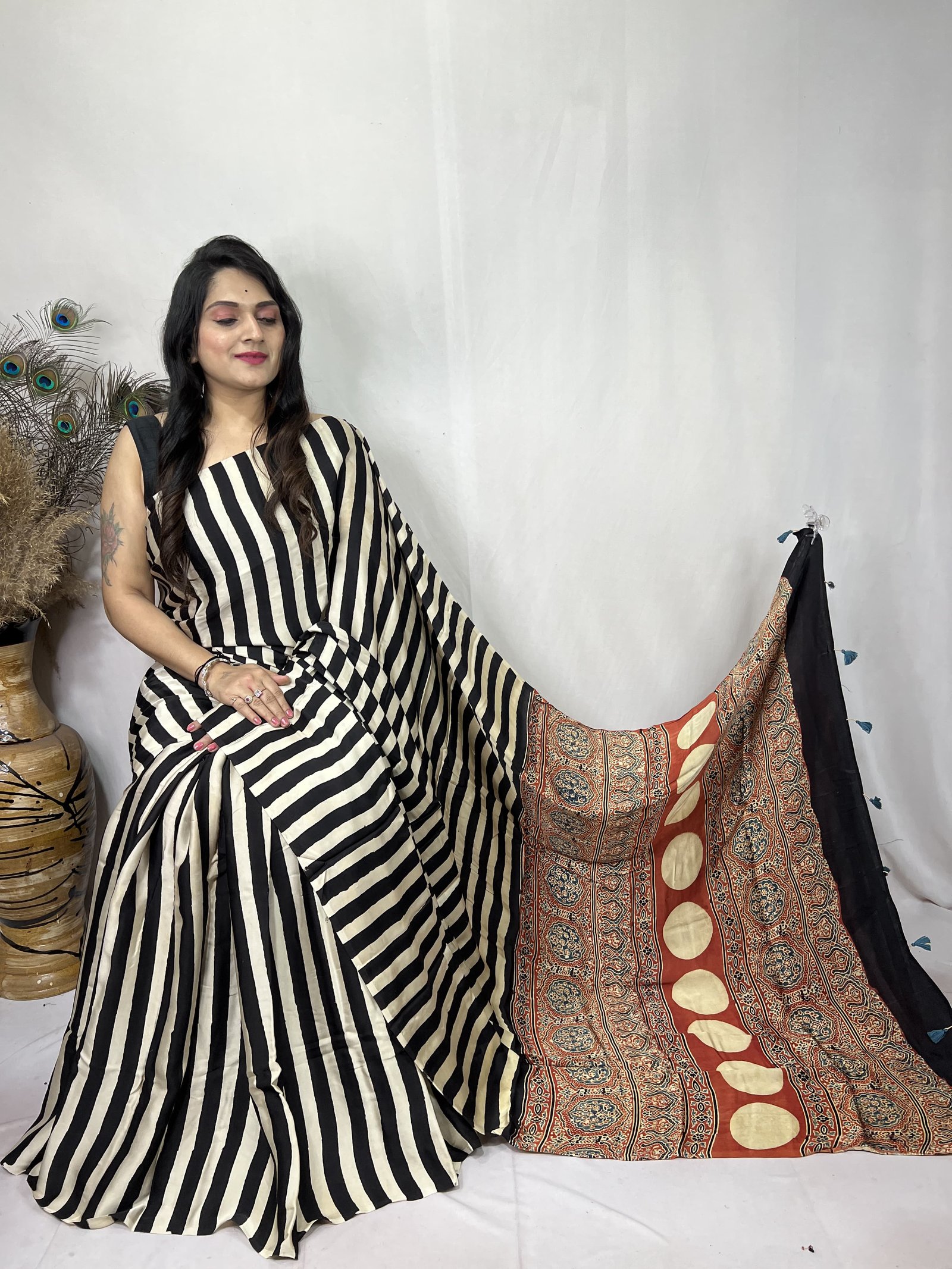 Ajrakh Modal Silk Natural Hand Block Print Saree - Red & Black 