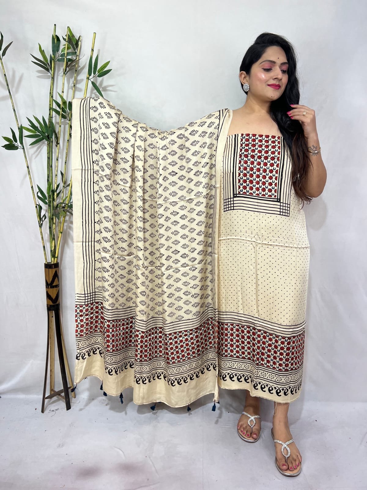 Ajarkh Modal Silk Natural Hand Block Print 2Pcs Suit - Cream 