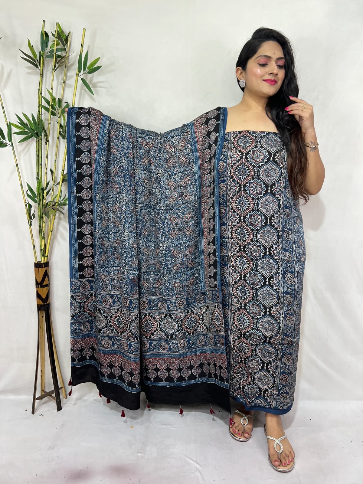 Ajarkh Modal Silk Natural Hand Block Print 2Pcs Suit - Indigo Blue 