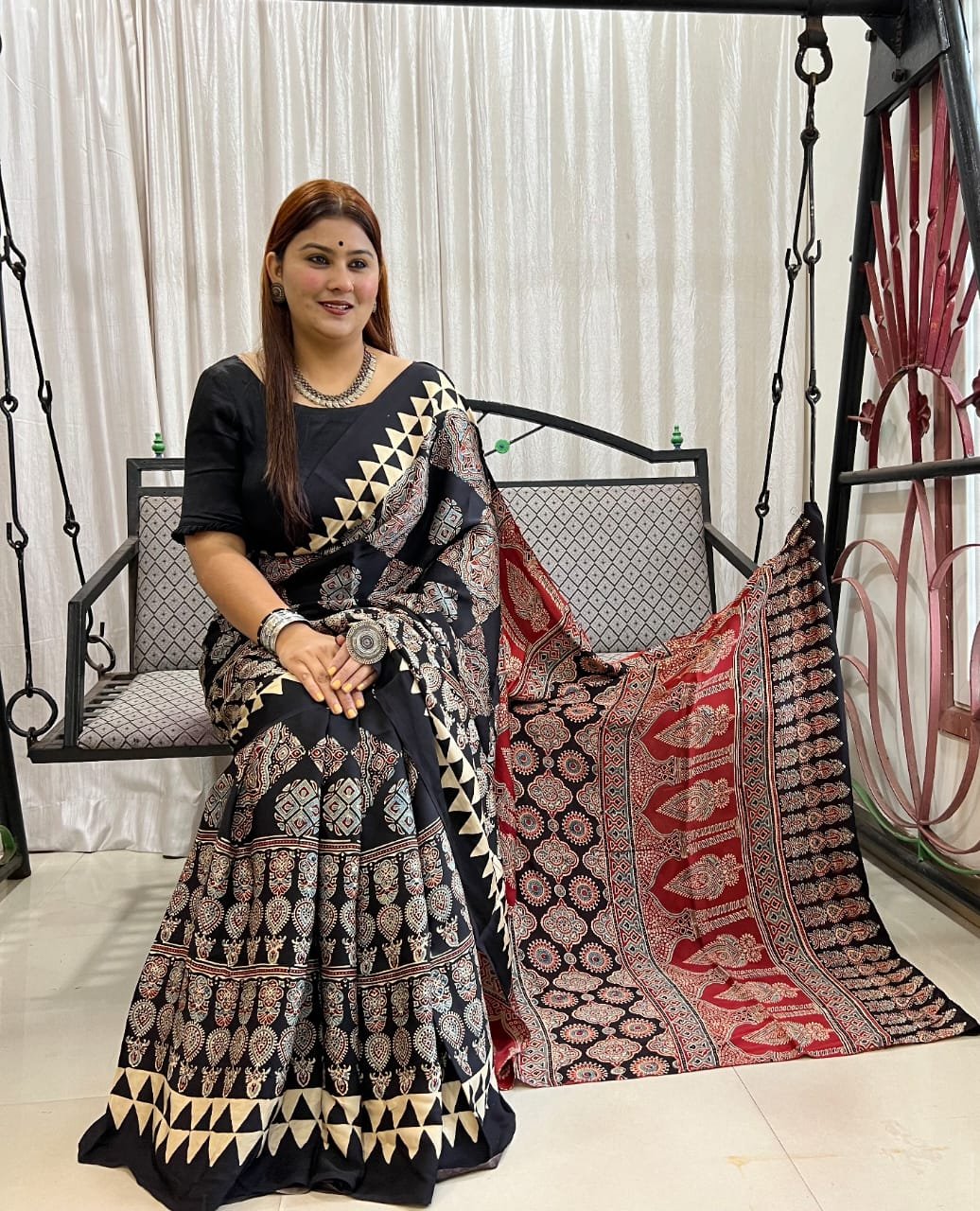 Ajrakh Modal Silk Natural Hand Block Print Saree - Black & Red