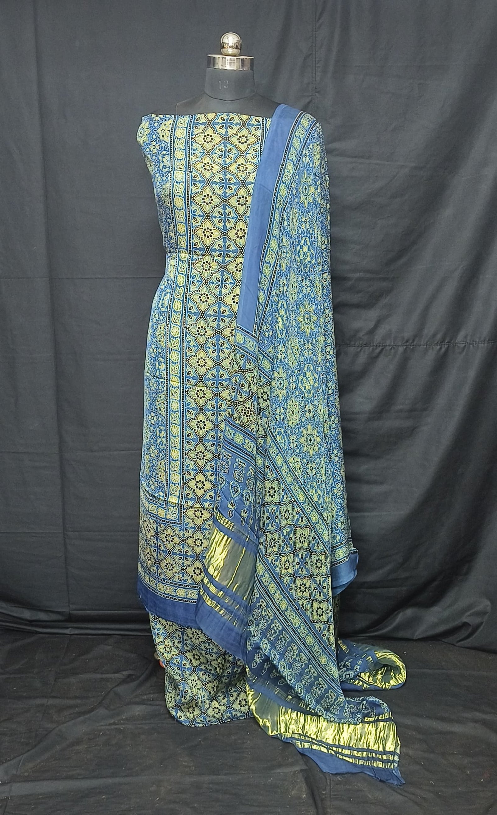 Ajrakh Modal Silk Natural Hand Block Print 3Pcs Suit - Indigo Blue 